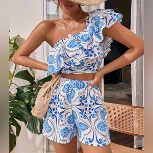 Floral Print One Shoulder Ruffle Trim Crop Top & Shorts